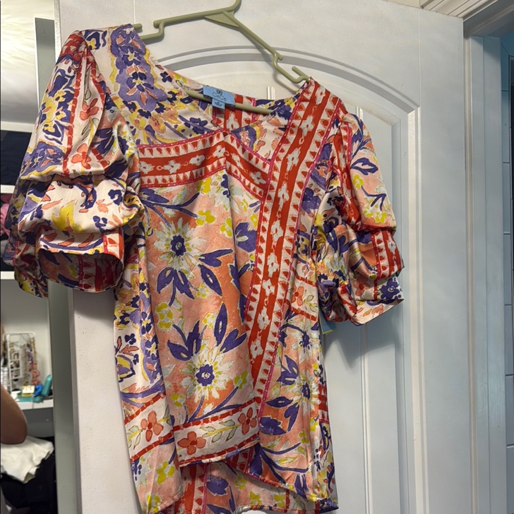 CeCe Orange and Blue Ruffled Puff Sleeve Blouse